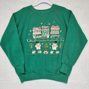 Vintage Pannill Christmas Sweatshirt Size XL Green Pullover Snowman 90s Granny